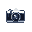 This pixel art showcases a classic SLR camera rendered in cool shades of blue. The simplified design and reflective lens evoke a sense of nostalgia.