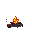 This pixel art depicts a cozy campfire, its vibrant flames of red, orange, and yellow illuminating the dark with a sense of warmth and quiet solitude.