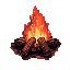 This pixel art image captures the warmth and primal energy of a blazing campfire. The vibrant flames leap from stacked logs in a minimalist yet evocative depiction.