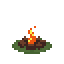 This pixel art image features a warm campfire with bright orange and yellow flames nestled among dark brown logs. The cozy scene evokes a sense of comfort and security.