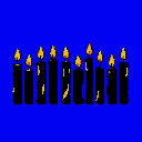 This pixel art features ten lit candles with flickering yellow and orange flames against a solid blue backdrop, evoking a sense of quiet solemnity or remembrance. The dark candles and bright flames create a stark and captivating contrast.