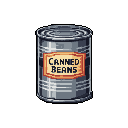 This pixel art depicts a solitary can of "CANNED BEANS" with a retro, utilitarian vibe. The aged label and metallic greys create a nostalgic feel, highlighting a simple, essential food item.