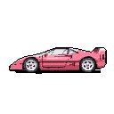 This pixel art showcases a vibrant, bubblegum pink Ferrari F40 in perfect side profile, its iconic design rendered with crisp detail against a simple grey background. The sleek lines and bold color scheme evoke a sense of retro cool and classic car nostalgia.