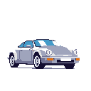 This pixel art image showcases a sleek, silver Porsche 911 in a classic, retro style. The iconic sports car is rendered with simple, clean lines against a stark backdrop, highlighting its distinctive shape.