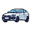 This pixel art image features a white hatchback, rendered in cool tones and presented in a simple, three-quarter view. The car is stationary, its wheels slightly turned, against a stark black background.