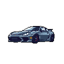 This pixel art showcases a sleek, high-performance sports car, like a Porsche 911 GT3, rendered in cool grays and blues with striking reflective highlights. The detailed design, from the iconic headlights to the red brake calipers, captures the essence of automotive precision.
