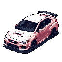 This pixel art showcases a sleek, light pink Subaru WRX STI-inspired sedan from a high angle, rendered with detailed pixel work and dark grey/black accents. The design highlights the car's sporty features like its hood scoop and rear wing, creating a stylized and nostalgic vibe.