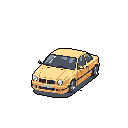 This detailed pixel art showcases a vintage, pale yellow sedan (resembling a BMW E36) in a three-quarter view. Rendered against a stark black background, the image highlights the car's classic design with meticulous attention to detail and subtle shading.