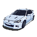 This pixel art showcases a sleek white sports sedan in a dynamic pose, rendered with a clean color palette and details like a spoiler and air vents. The image evokes a nostalgic arcade racing vibe, focusing on the car's design with a subtle shadow grounding it.