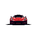 A vibrant red pixel art sports car pops against a stark black background, showcasing its sleek design and powerful aesthetic. The minimalist style emphasizes the vehicle's sharp lines and futuristic vibe.