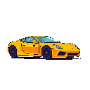 This pixel art showcases a vibrant yellow sports car with sleek lines and a modern feel. The striking design is rendered in bold colors, emphasizing the car's energy and performance.