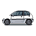 This pixel art image showcases a sleek, modern two-door car in profile, rendered in a minimalist, monochromatic style. Its sharp lines and retro-futuristic aesthetic evoke a feeling of a classic video game icon.