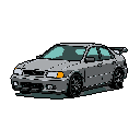This pixel art image showcases a detailed grey sedan from a ¾ front view. The clean design, complete with lights and a spoiler, evokes a retro feel with its muted color palette and classic pixelated style.