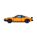 This pixel art showcases a stylish, vintage sports car in shades of orange, rendered in a minimalist, retro aesthetic. The side profile view highlights the car's classic design, complete with a spoiler and defined features.