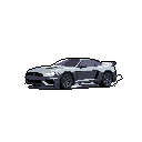 This detailed pixel art showcases a sleek, gray Nissan GT-R in profile, its dynamic design radiating power and modern sophistication. The monochromatic palette emphasizes the car's metallic sheen and angular form.
