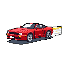 This pixel art image captures a vibrant red sports car in a dynamic drift, evoking the energy of classic arcade racers. The retro-styled vehicle, complete with pop-up headlights and stylized motion blur, pops against the stark black background.