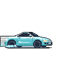 A light blue sports car speeds across the frame in this dynamic pixel art image, its motion emphasized by trailing streaks of color. The minimalist design and cool color palette evoke a sense of retro racing nostalgia.