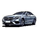 This pixel art showcases a sleek, silver Mercedes-Benz sedan in a dynamic pose. Rendered in grayscale with careful attention to detail, the design highlights the luxury car's iconic features against a stark black background.