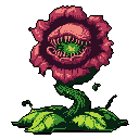 This pixel art showcases a menacing, carnivorous plant with a gaping maw full of teeth and a glowing, acidic interior. The dark pink and green flower head, reminiscent of a classic monster, is poised to strike.