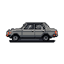This pixel art features a vintage four-door sedan in profile, rendered in muted grays with subtle orange and white accents. The simple, static design evokes a sense of nostalgia and utilitarianism.