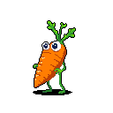 A quirky pixel art image features a wide-eyed, anthropomorphic carrot with leafy hair and spindly limbs, standing alert against a stark black background. This whimsical veggie person exudes a cartoonish charm with its simple, vibrant color palette.