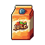 This pixel art image features a stylized orange juice carton, showcasing its simple design and warm color palette with nostalgic charm. The carton is detailed with a "JUICE" label, orange slice graphic, and subtle shading that creates a surprisingly tactile feel.