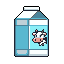 This pixel art image features a stylized milk carton with a cute black and white cow illustration on a light blue panel. The simple design and cool color palette create a clean and slightly whimsical feel.