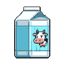 This pixel art showcases a charming milk carton with a cute, stylized cow illustration. The retro design and cool color palette evoke a sense of freshness and whimsy.