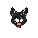 This pixel art image features a cheerful, forward-facing dog head with its tongue playfully sticking out. The limited color palette and pixellated style create a cute and nostalgic feel.