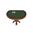 This pixel art shows a lone, overhead view of a green felt poker table with scattered cards or chips. The table, rimmed in brown, rests on a pedestal base against a stark black background.