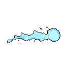 A burst of light blue energy explodes across the frame in this pixel art image, leaving a jagged trail of swirling white and blue in its wake. Dark dashes emphasize the speed and dissipation of this dynamic, ethereal effect.
