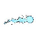 A burst of pixelated light blue energy or water explodes across the frame, its core fracturing into droplets as it moves. The abstract effect, set against a flat grey-blue background, captures a sense of rapid motion and disintegration.