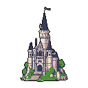 This pixel art showcases a majestic, fairytale castle with intricate details and towering spires. Perched on a rocky, foliage-covered base, the solitary structure exudes a sense of serene grandeur against a stark black background. Its light stone and indigo shadows create a nostalgic, storybook aesthetic.