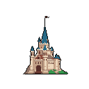 This pixel art showcases a fairytale castle with blue-roofed spires and warm stone walls, evoking a sense of fantasy and wonder. The multi-towered structure stands out against a stark black background, highlighting its iconic form.