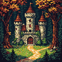 A charming pixel art castle with red-roofed towers sits nestled in a vibrant autumnal forest. Vines creep up the light gray stone walls, hinting at a fairytale adventure.