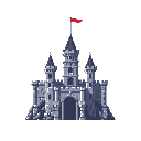 A pixelated gray stone castle, complete with crenellated towers and a red flag, dominates the scene. The simple design and muted tones evoke a sense of medieval fantasy.
