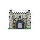 A pixelated stone castle gate with flanking towers rises from a black void, hinting at a medieval adventure beyond its arched entrance. The muted greys and browns create a sense of mystery and anticipation.