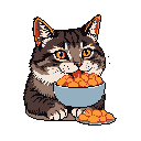 A pixelated tabby cat, with bright orange eyes, attentively holds a light blue bowl overflowing with orange treats, creating a charming and slightly humorous moment of domesticity.
