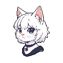 This pixel art portrait captures a wistful cat-girl with striking blue eyes against a dark background. The soft shading and delicate colors create a melancholic yet cute aesthetic.