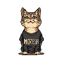 This pixel art depicts a charming, seated tabby cat sporting a t-shirt with the word "HORESH" printed on it. The simple design and muted colors create a calm and endearing vibe, highlighting the cat's gentle expression.