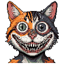 This pixel art features a grotesque, two-faced cat with mismatched eyes and a wide, toothy grin, creating an unsettling and slightly humorous image. The contrasting fur patterns on its face emphasize its bizarre and disturbing appearance.