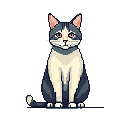 A pixelated cat sits patiently, its muted gray and cream fur rendered in classic pixel art style, gazing directly at the viewer with a calm and gentle expression.