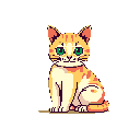 This pixel art depicts a cute, seated orange tabby cat with a neutral expression and alert ears, rendered in a warm, muted palette. The simple design and focus on the subject create a charming and engaging image.