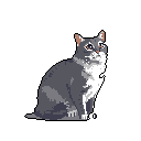 This pixel art depicts a curious cat, rendered in shades of grey and white, sitting alertly and gazing upwards as if captivated by something unseen. The serene image focuses on the animal's posture and expression, creating a moment of peaceful observation.