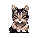 This pixel art image features a cute, front-facing tabby cat with a direct gaze, rendered in earthy tones. The simple design and warm colors create a peaceful and endearing portrait of the feline subject.