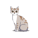 This pixel art features a seated cat with a pensive expression, rendered in soft grays and beige. Its muted colors and downturned mouth create a gentle, somber mood.