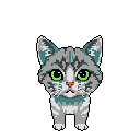 This pixel art depicts a stylized, front-facing cat with a melancholic expression, its muted grey and teal fur contrasting with striking lime green eyes. The simple design and color palette evoke a retro, nostalgic feel.