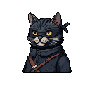 This pixel art portrait features a cool, alert cat character with striking yellow eyes, clad in dark attire and a bandana. The mysterious feline sports a serious expression, hinting at a stealthy or adventurous nature.