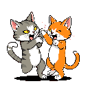 Two cartoonish cats, one gray and one orange, are caught in a playful pixel art moment, either mid-scuffle or sharing a celebratory high-five, their expressive faces radiating fun. Pink sparkles add to the lighthearted and energetic vibe of their interaction.