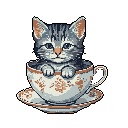 A sweet pixel art image features a grey tabby kitten curiously peeking out from a patterned teacup. The adorable scene is rendered in soft, muted colors, radiating domestic tranquility.